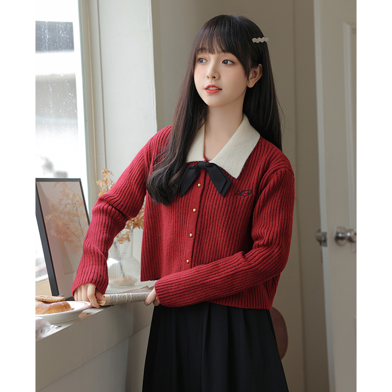 帛卡琪2023秋冬新款翻領蝴蝶結針織開衫女學院風小眾撞色短款毛衣