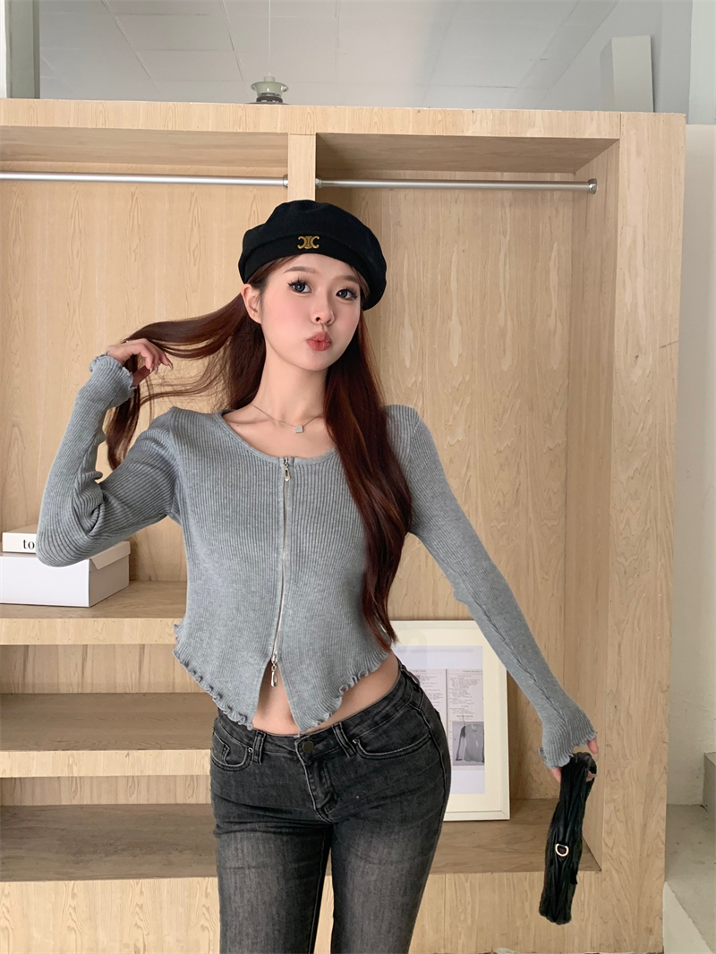 實拍 秋冬韓版設計感不規則木耳邊針織開衫修身顯瘦辣妹上衣