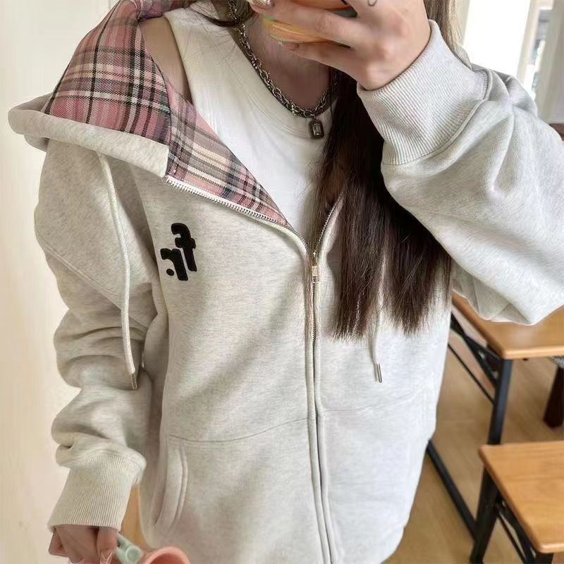 CVC食毛華棉複合牛奶絲+銀狐絨　秋冬新款寬鬆撞色格紋拉鏈外套女