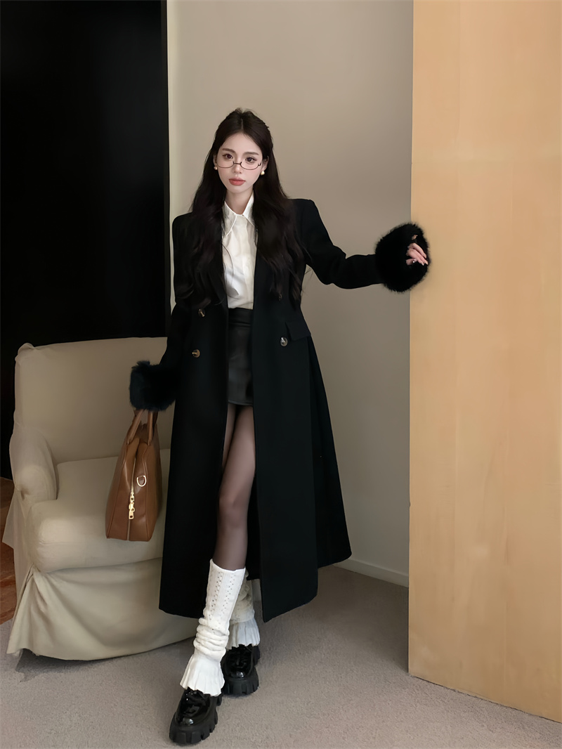 Actual shot of fashionable black lapel woolen long windbreaker cardigan coat loose casual jacket for women