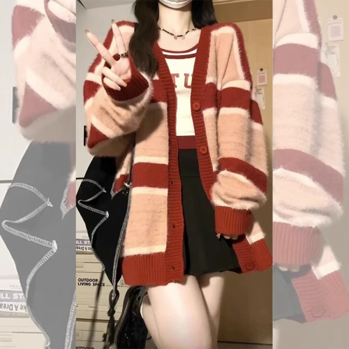  Autumn/Winter New Elegant Striped Color-block V-neck Knit Cardigan for Women Loose Slouchy Soft and Chewy Sweatshirt Outerwear