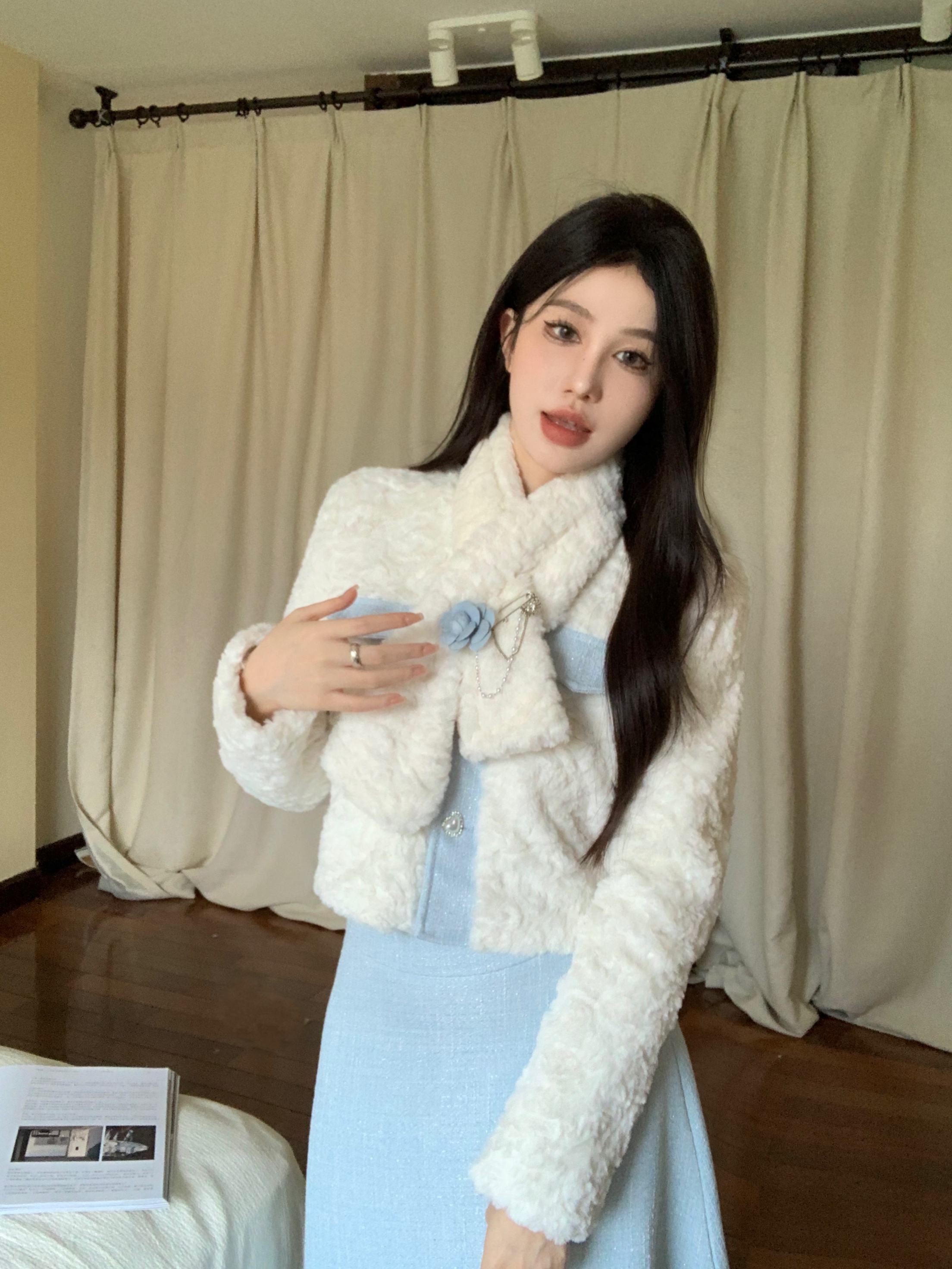 實拍 海洋之心 時尚氣質羊羔毛撞色小香風冬季氛圍感套裝