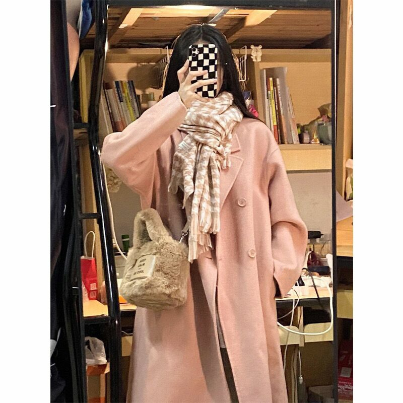 粉色毛呢外套女2023秋冬季新款呢子大衣赫本風小個子韓系冬天加厚