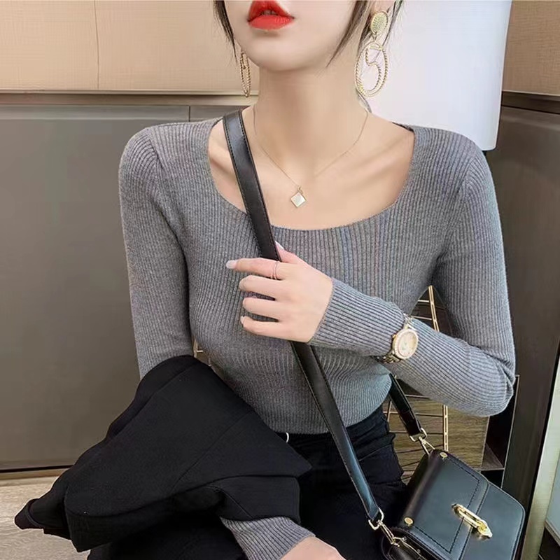 Core-spun yarn square collar black long-sleeved clothing for women in autumn and winter with woolen sweater 2023 new slimming bottoming shirt