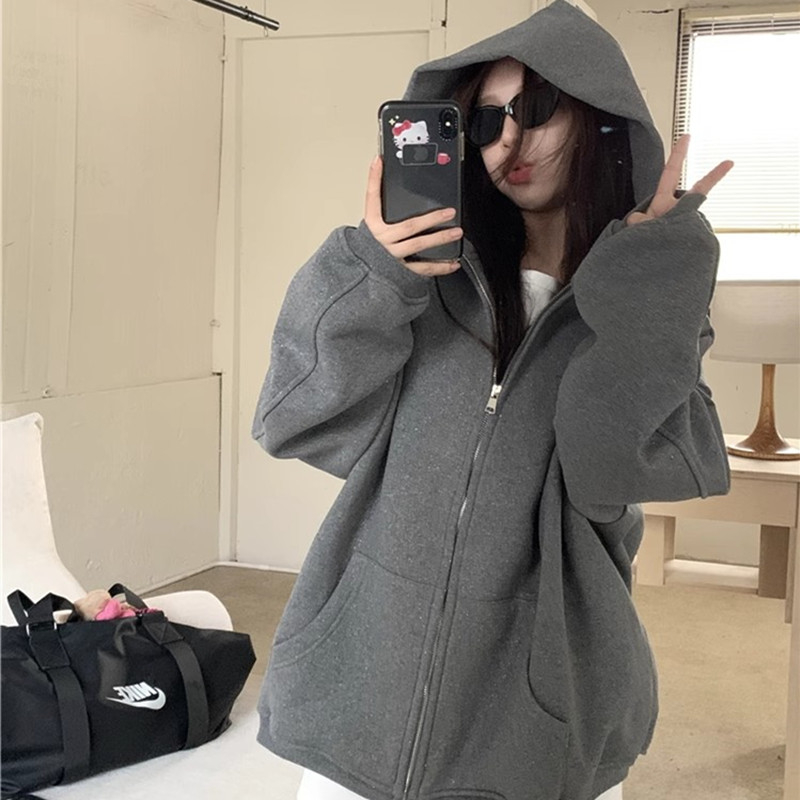 加絨加厚連帽衛衣女秋冬韓版2023新款設計感灰色鹽系寬鬆長袖上衣