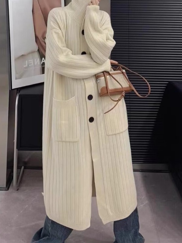 歐洲站2023秋冬新款中長款寬鬆羊毛開衫女慵懶風過膝加厚毛衣外套