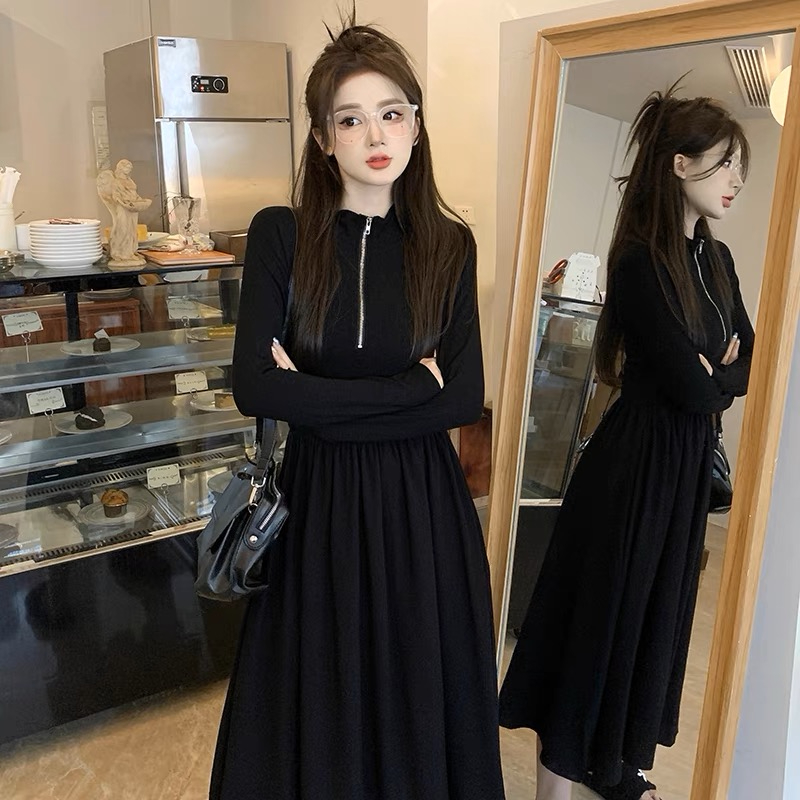 chic設計感針織拼接連衣裙女秋季2023新款收腰顯瘦氣質長袖大擺裙