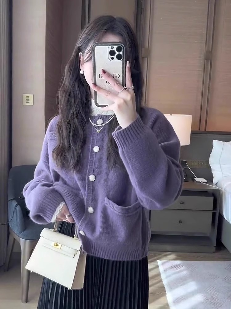 紫色毛衣開衫外套女2023秋冬新款寬鬆慵懶風外穿小眾別致針織上衣
