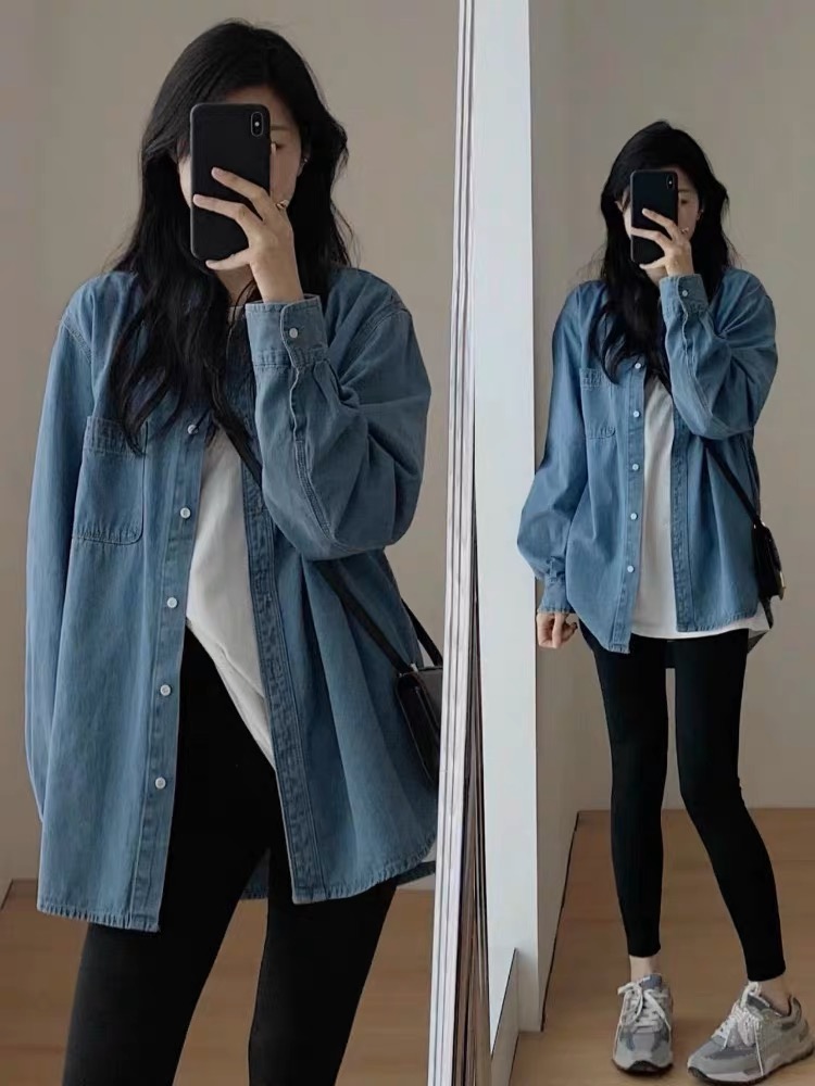 今年流行襯衣法式上衣秋季女裝2023年新款藍色牛仔襯衫女外套春秋