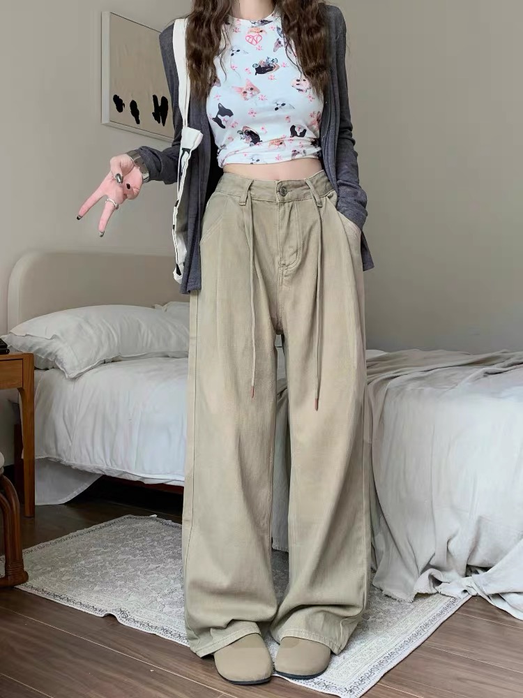 卡其色牛仔褲女秋季高腰顯瘦闊腿褲寬鬆垂感拖地褲長褲抽繩褲子潮