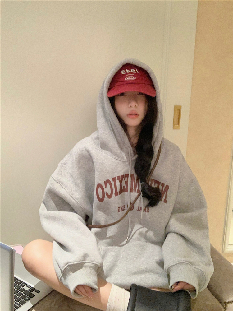 實拍~秋冬新款套頭美式連帽加絨加厚寬鬆慵懶字母衛衣女