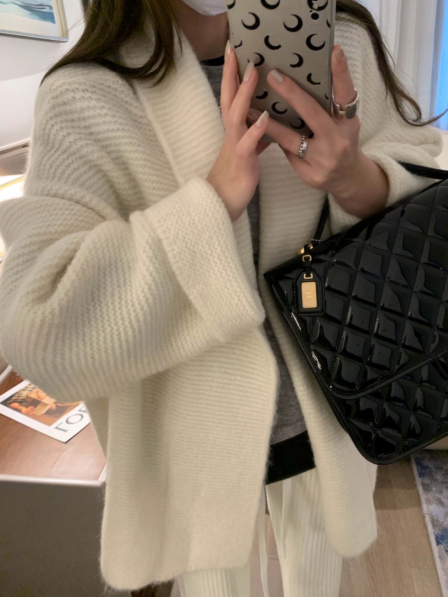 New Korean style fashionable lazy lapel mid-length thickened warm knitted cardigan sweater jacket for women