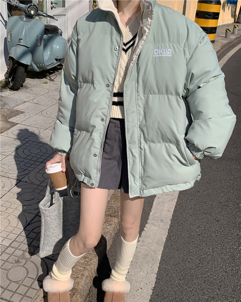實拍 原創 海鹽奶綠~ 韓系刺繡雙面穿重工加厚羽絨服立領棉服
