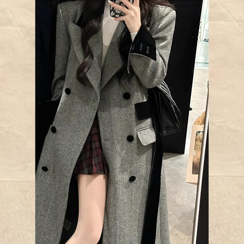 灰色長款赫本風呢子大衣女秋冬2023新款韓系高級感小個子毛呢外套