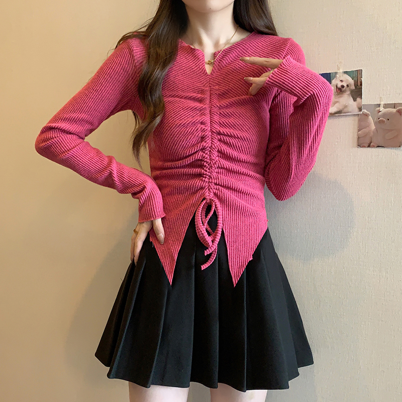 Actual shot of 2023 winter new style fat mm plus size female pure lust hot girl irregular slim slim drawstring long-sleeved top