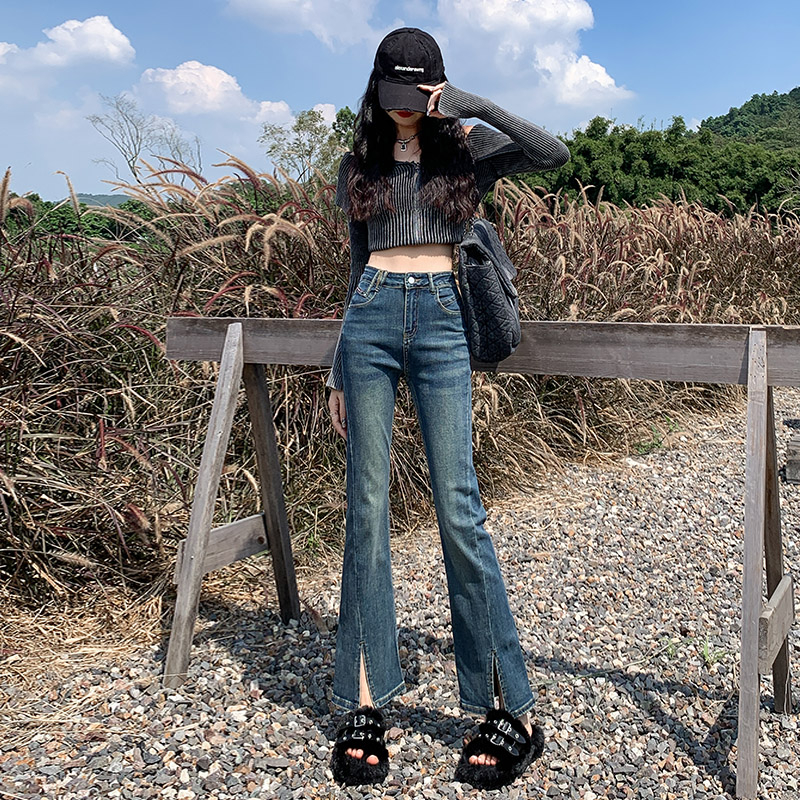 實拍2023秋季時尚微喇開叉牛仔褲女秋季高腰寬鬆顯瘦直筒