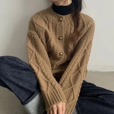 韓國春秋復古麻花針織開衫女慵懶風寬鬆外套加厚粗線百搭外穿毛衣