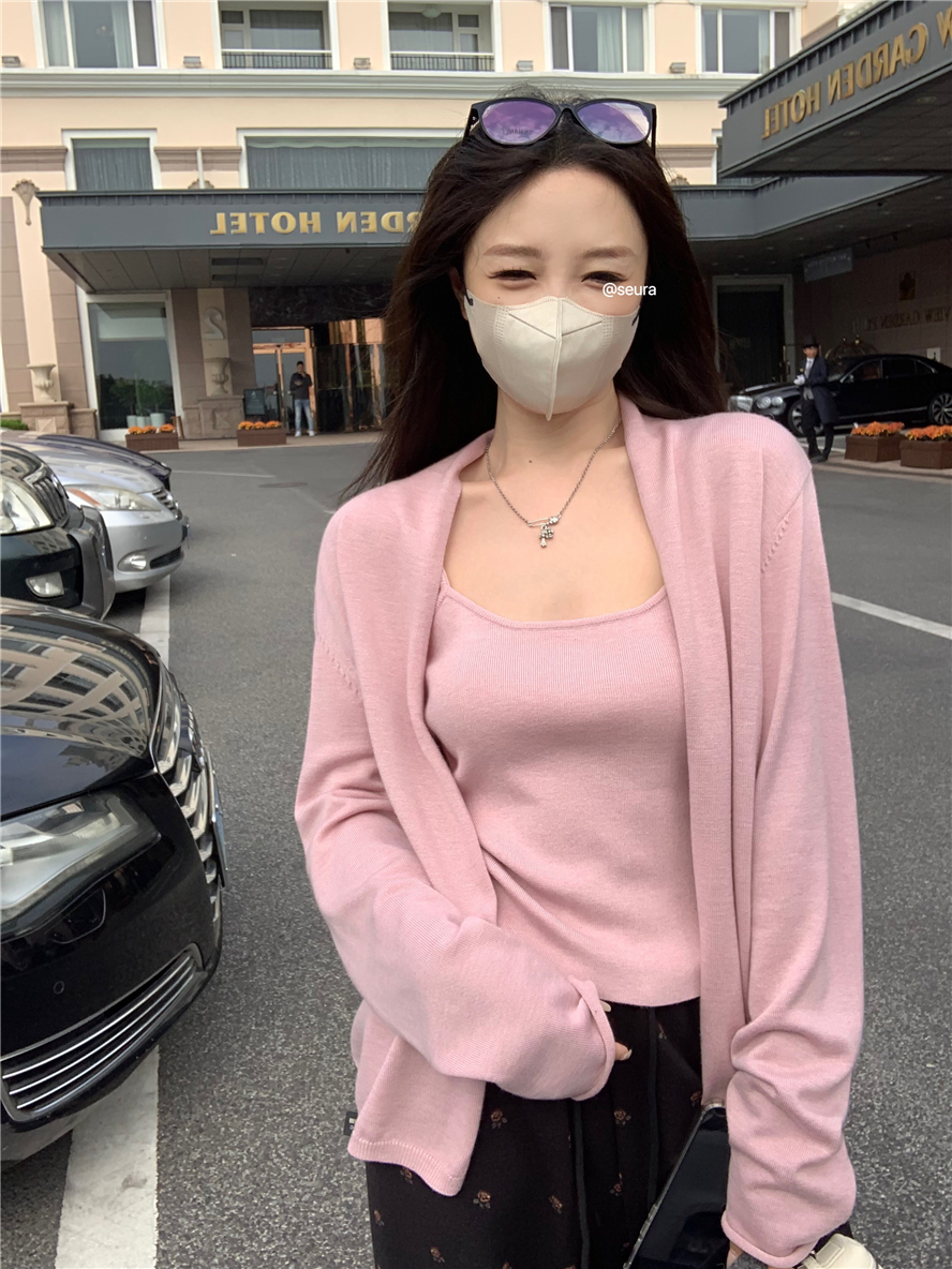 實拍 深情野玫瑰粉色開衫套裝搭配長褲