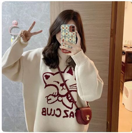 貓咪慵懶風套頭毛衣女秋冬寬鬆設計感小眾加厚圓領外穿打底針織衫