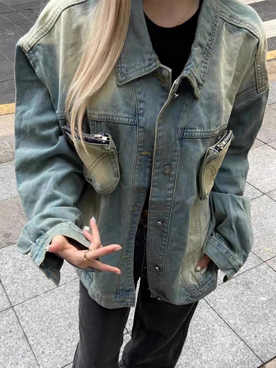 American retro three-dimensional pocket jacket for men and women, yellow mud distressed washed denim jacket for women