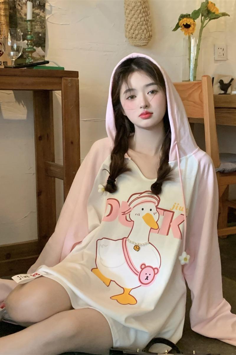 撞色印花立體可愛鴨子連帽T恤女秋季2023新款甜美寬鬆中長款上衣