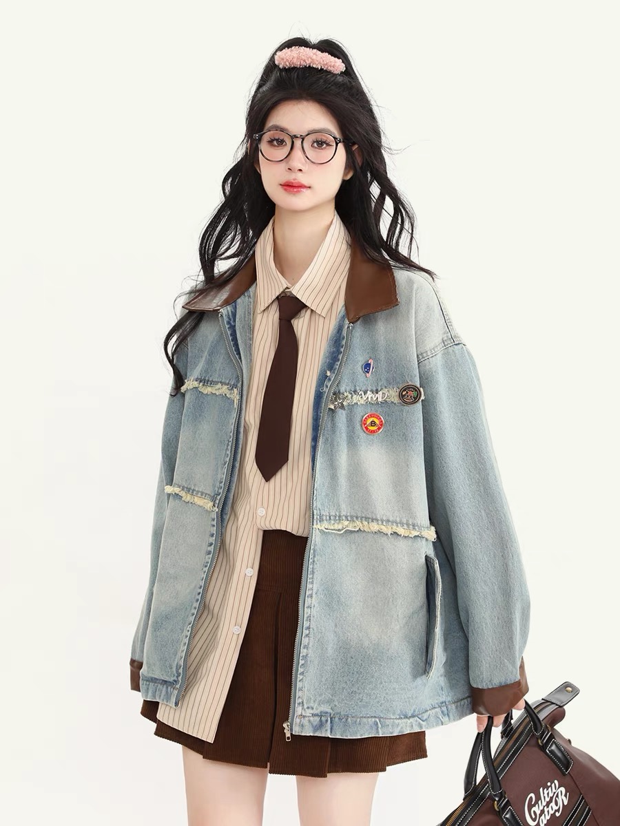 Autumn and winter American retro raw edge denim jackets for men and women, loose leather collars, spliced ​​lapels, couple jackets, trendy