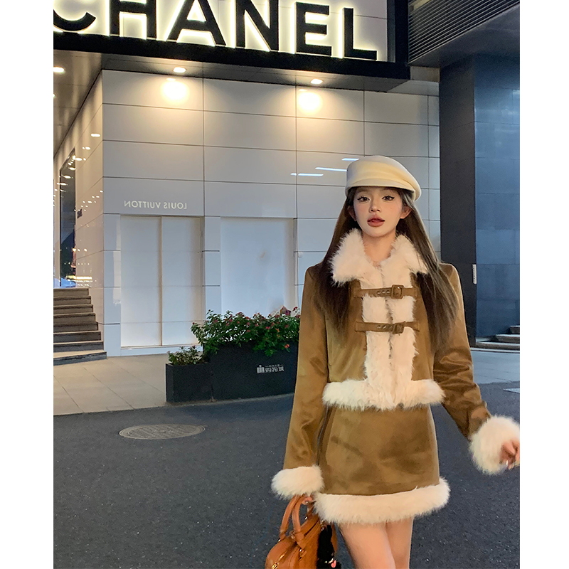 實拍 毛毛領夾棉麂皮絨外套美拉德穿搭套裝女冬季氣質兩件套