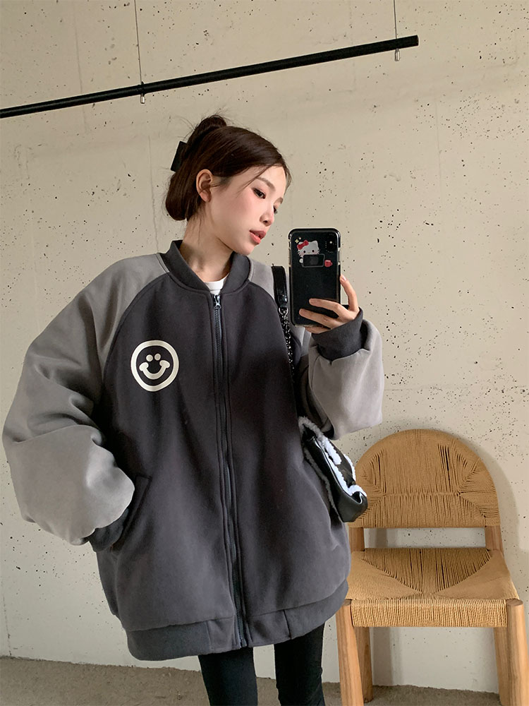 實拍 冬韓chic撞色外套女寬鬆oversize小眾運動棒球服保暖外套