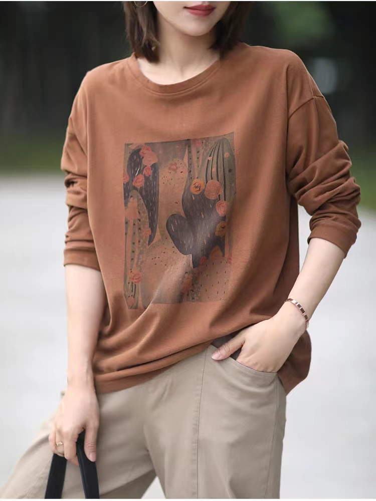純棉上衣女文藝休閒t恤遮肉好搭印花寬鬆顯瘦百搭圓領長袖T恤秋