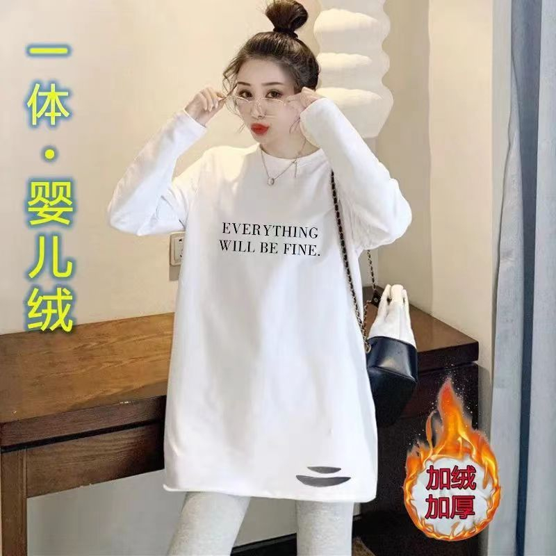 純棉白色高端長袖t恤女寬鬆秋冬季中長款破洞加絨打底衫上衣