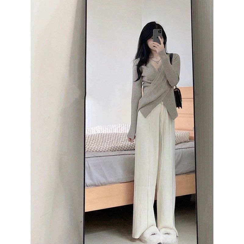 白色羊毛針織闊腿褲女秋冬加厚高腰垂感寬鬆直筒拖地褲外穿長褲子