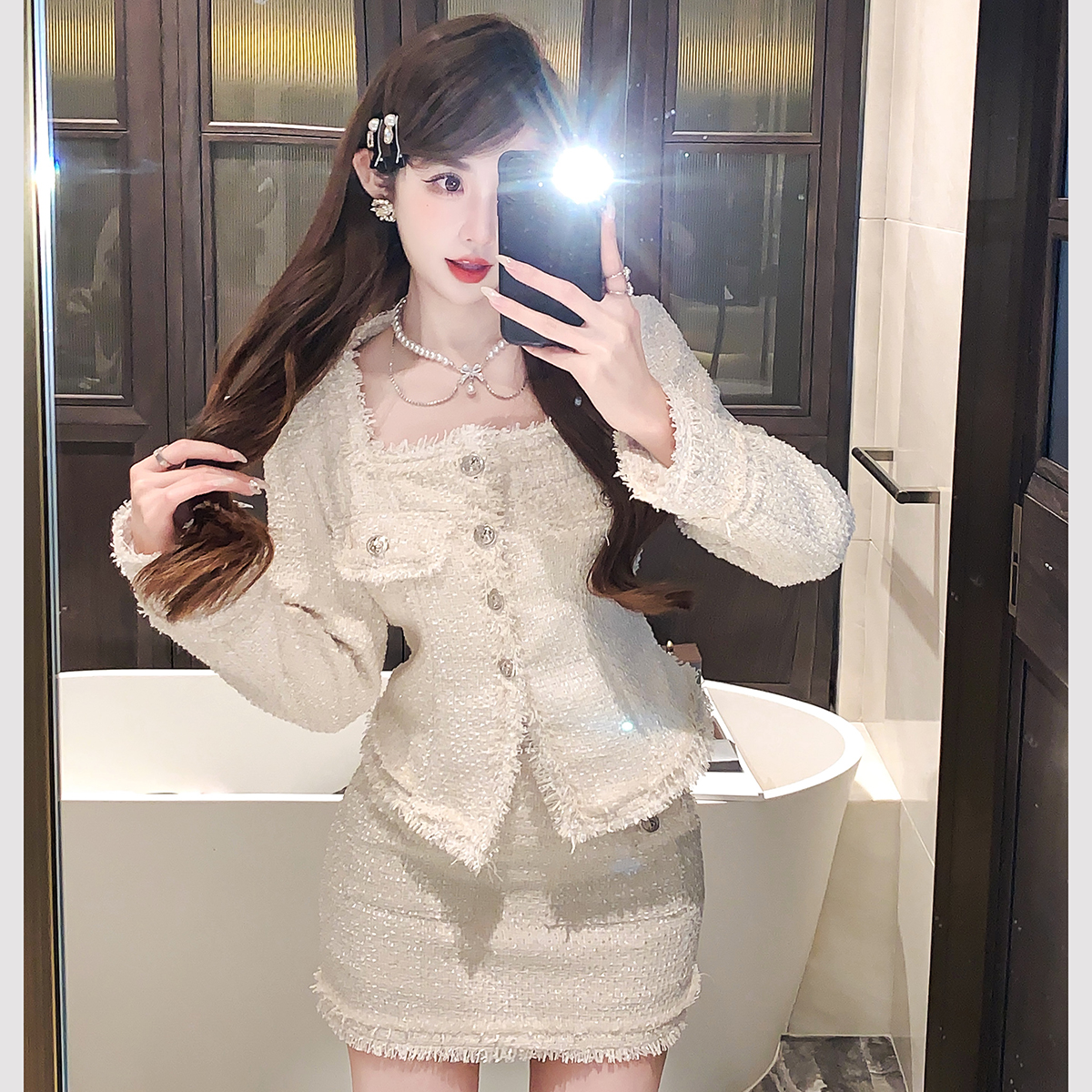 實拍富家千金風法式方領外套女秋氣質高級感半裙小香風套裝