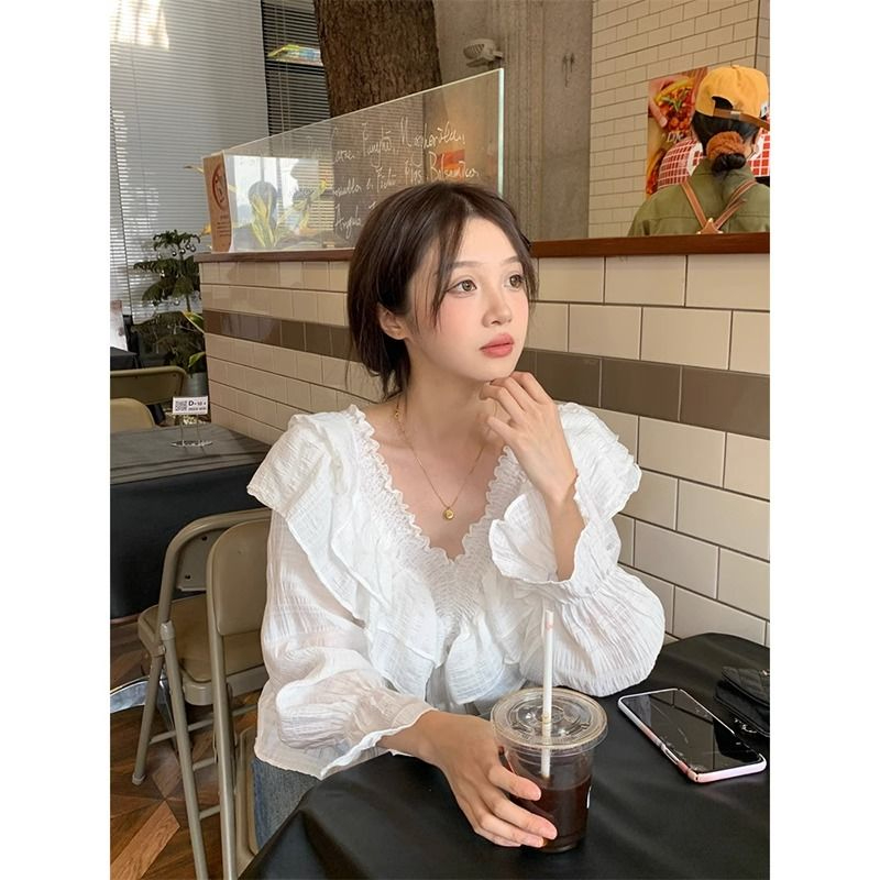 荷葉邊V領長袖襯衫女秋季2023新款喇叭袖設計感洋氣外搭別致小衫