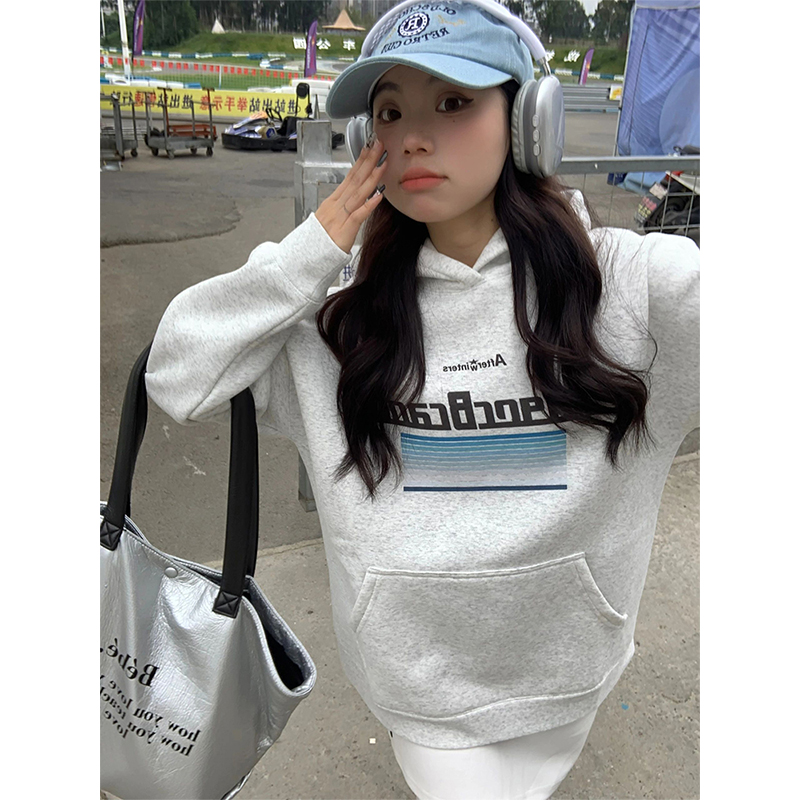 美式重磅衛衣女加絨秋冬數碼印花情侶帽衫灰色長袖寬鬆套頭上衣潮