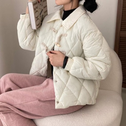 Korean chic winter new retro doll collar horn button cotton coat women's loose warm rhombus cotton coat
