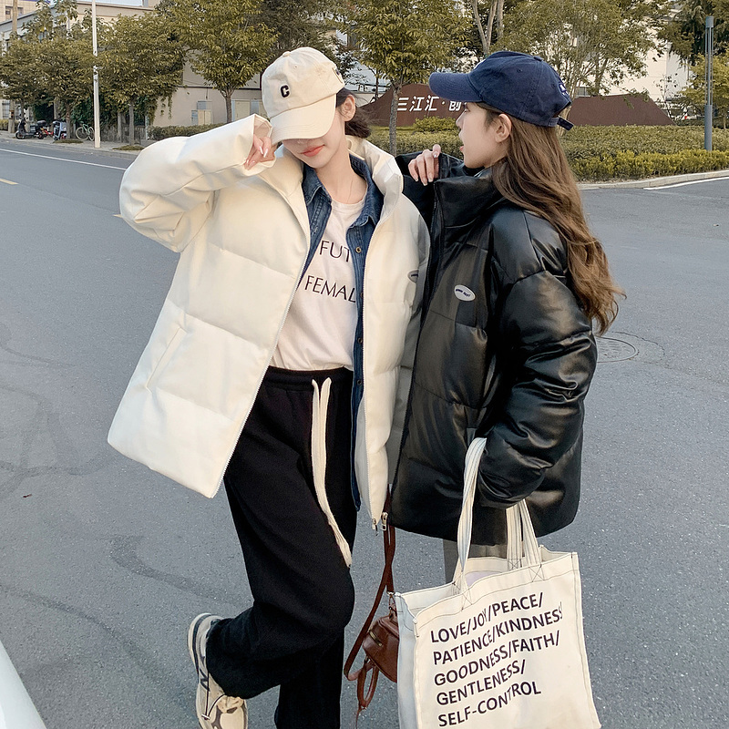 實拍 免洗pu皮羽絨服女短款2023新款冬季加厚立領麵包服外套