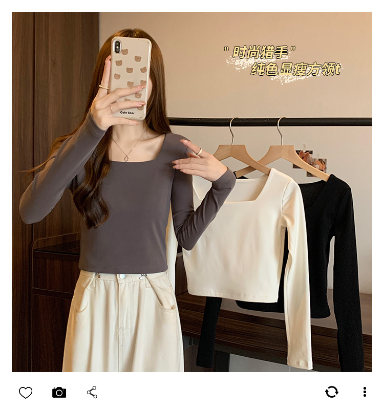 實拍新款春秋裝新款顯瘦方領上衣女短款修身潮