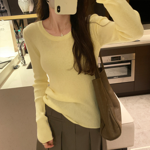 Photographed Warm Yellow Wool U-Neck Fitted Slimming Base Shirt  Autumn/Winter New Knit Top