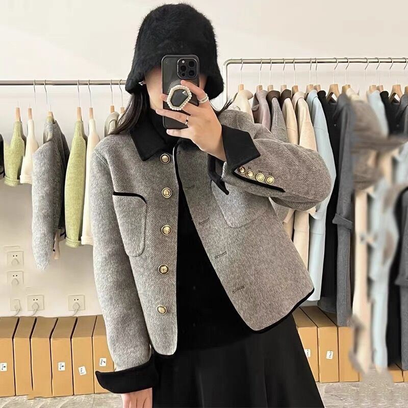秋冬裝小香風外套大碼女端口小金扣法式遮肚子毛呢外套M-4XL200斤
