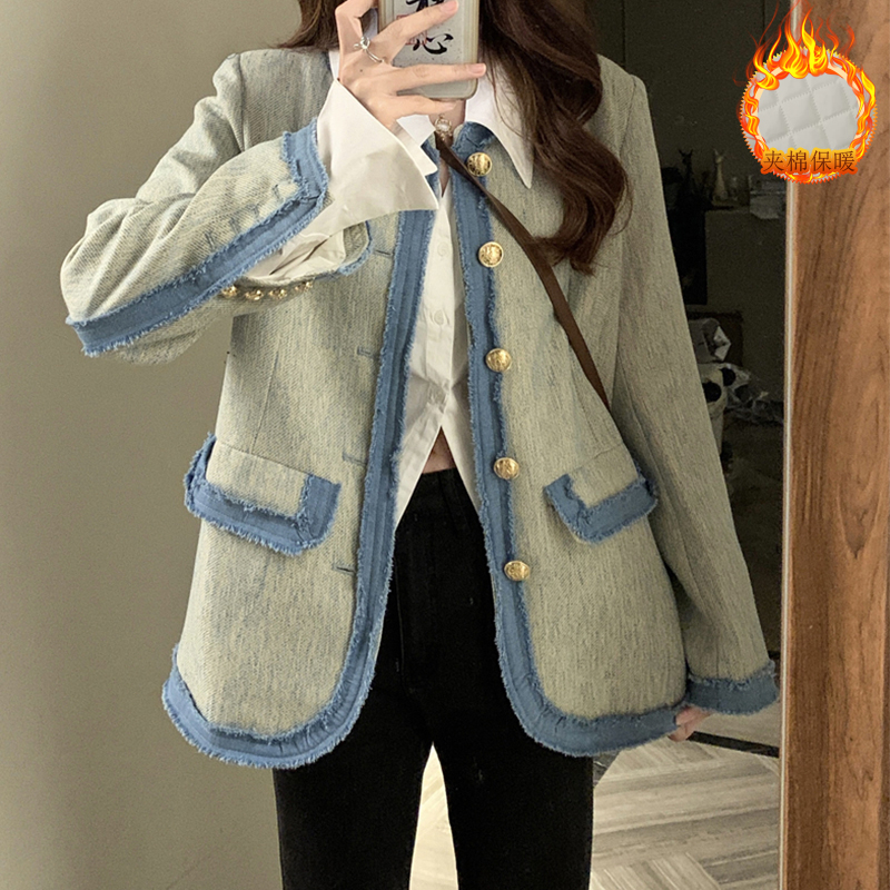 Tmall quality Xiaoxiangfeng contrast stitching suit jacket women's quilted winter design sense temperament trendy top for ladies