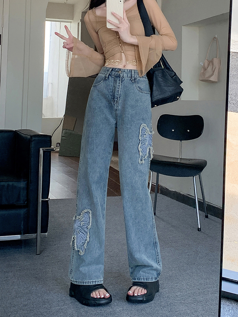 實拍~美式蝴蝶刺繡牛仔褲女2023辣妹高腰修身顯瘦拖地牛仔褲