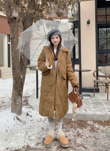 韩版复古美拉德色系穿搭中长款棉服女秋冬可拆卸连帽外套上衣