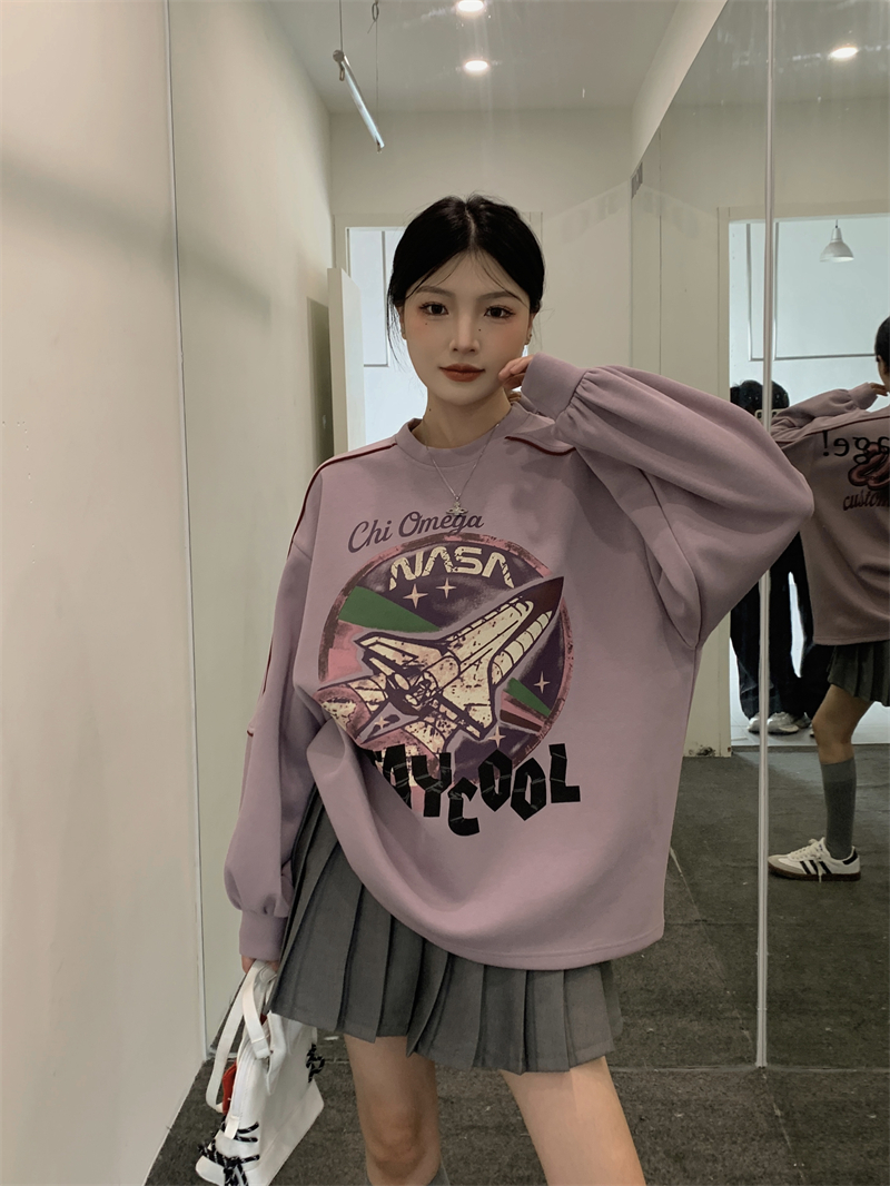 實拍：氣質紫色塗鴉休閒寬鬆印花加絨冬季新款衛衣絨衫女