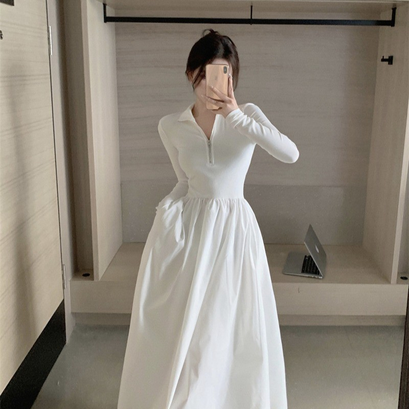 高級感法式黑色方領連衣裙女秋裝新款設計感收腰氣質長裙長袖裙子