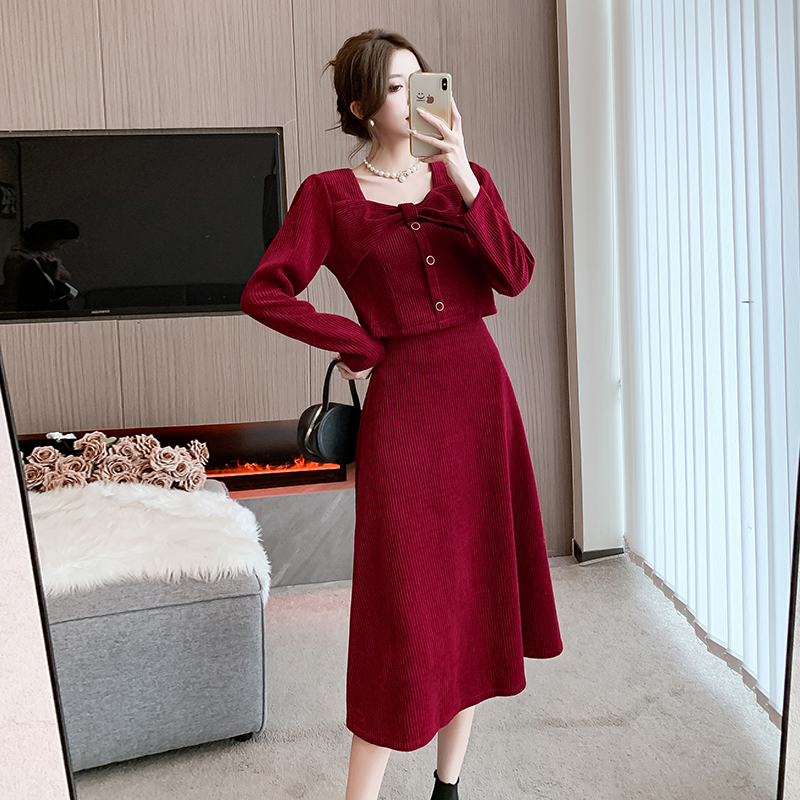 本命年女裝訂婚紅色連衣裙女秋冬2023新款氣質小香風套裝兩件套裙