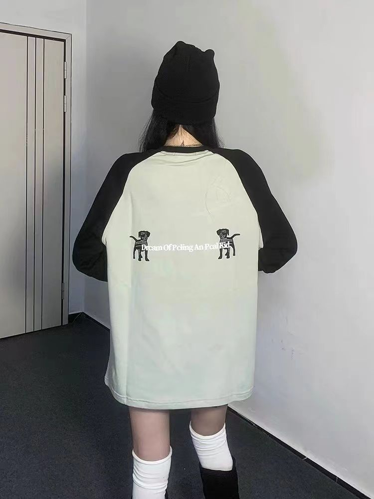 純棉華棉複合字母印花拼接插肩外套百搭圓領寬鬆套頭上衣