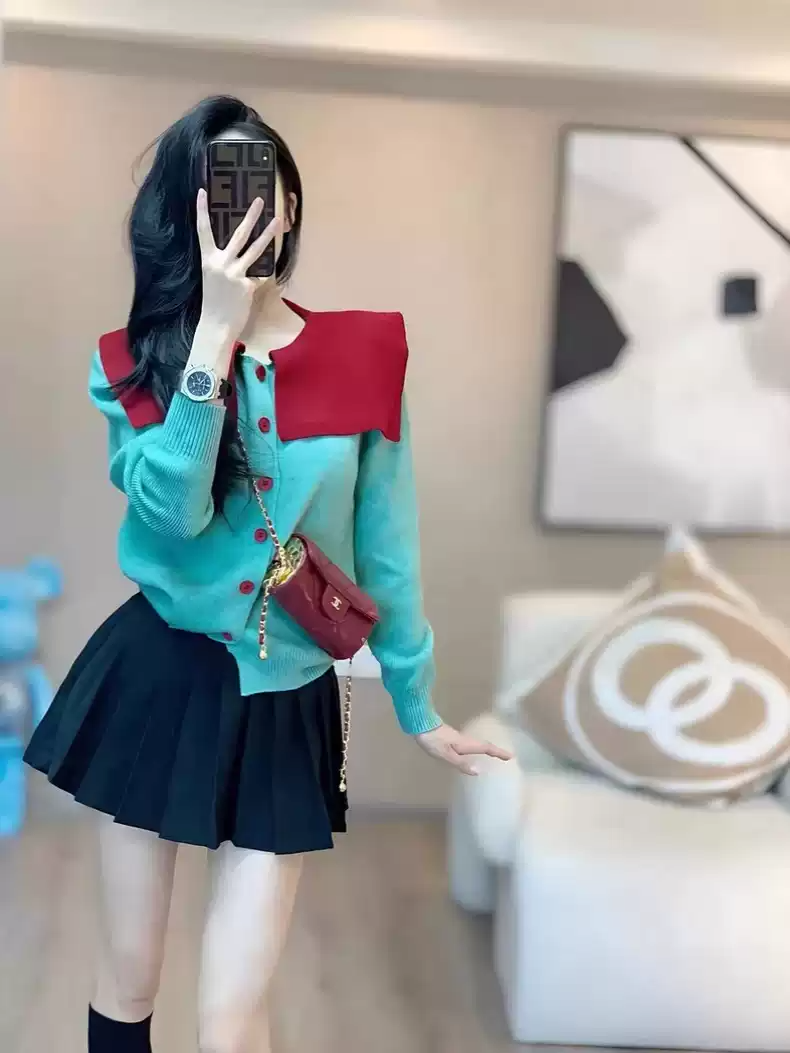 撞色針織開衫女早秋季新款設計感寬鬆百搭小個子毛衣短款長袖上衣