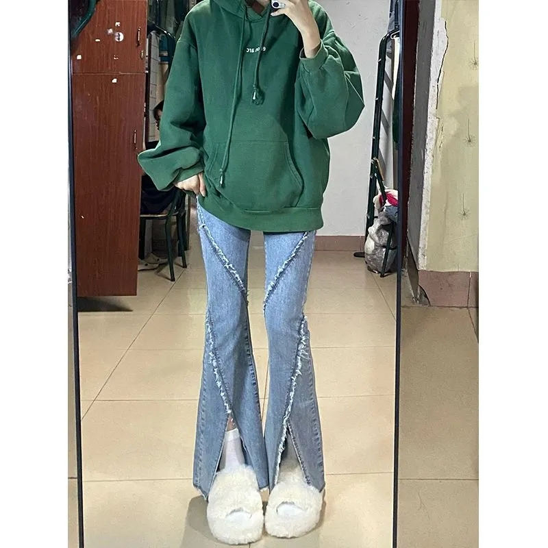 設計彈力微喇開叉牛仔褲女辣妹高腰顯瘦百搭小眾毛邊闊腿褲