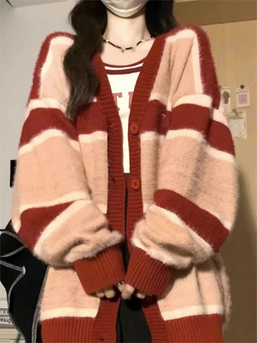  Autumn/Winter New Elegant Striped Color-block V-neck Knit Cardigan for Women Loose Slouchy Soft and Chewy Sweatshirt Outerwear