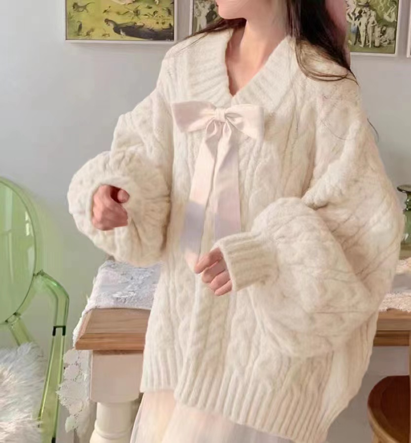 溫柔甜餅粉色寬鬆v領慵懶溫柔風麻花套頭毛衣女春秋新款針織衫潮